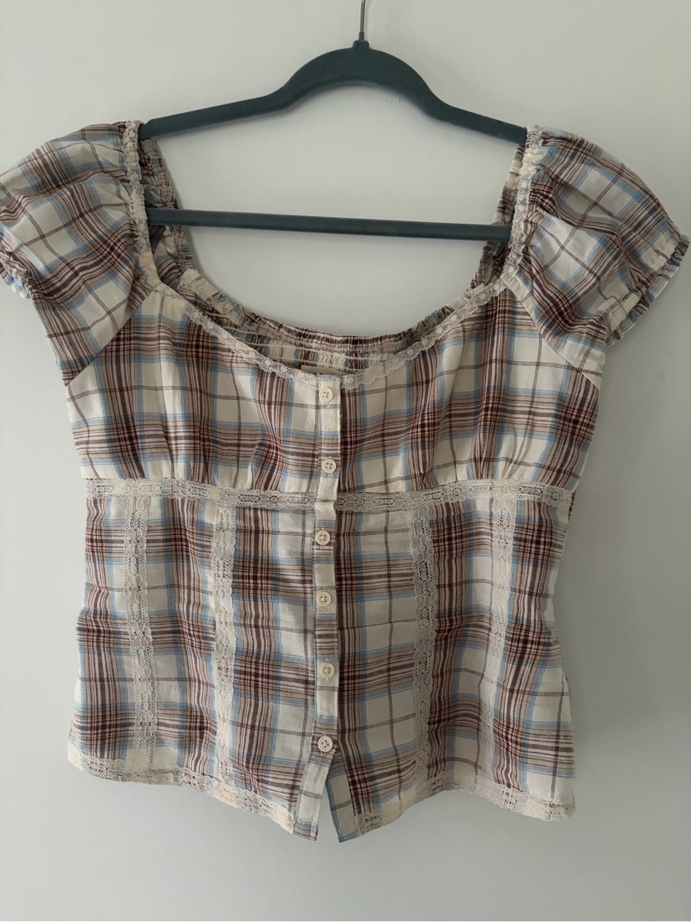 Aeropostale Cream Plaid Button-Front Peasant Top with Brown & Blue Accents
